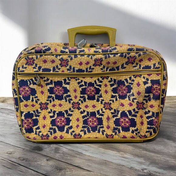 Vintage Handbags - Penguin 1960s Floral Geometric Neon Lime Purple Travel Tote Bag Tapestry